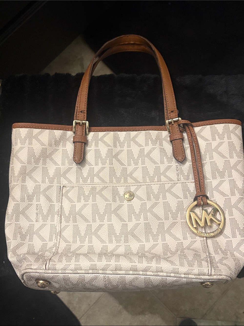 Michael Kors Cream and Brown MK Logo Tote with Gold Charm